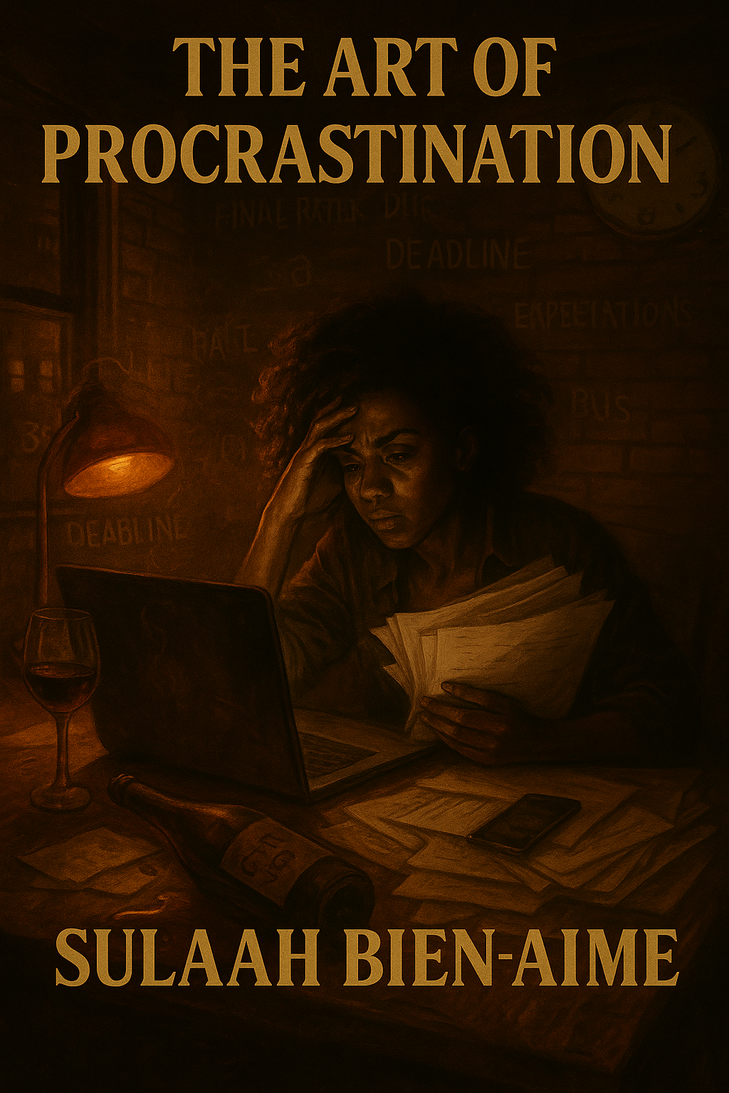 Digital cover art for ‘The Art of Procrastination’ by Sulaah Bien-Aime, showing a gritty Brooklyn apartment scene with a stressed student at a cluttered desk, holding papers and staring at a glowing laptop.