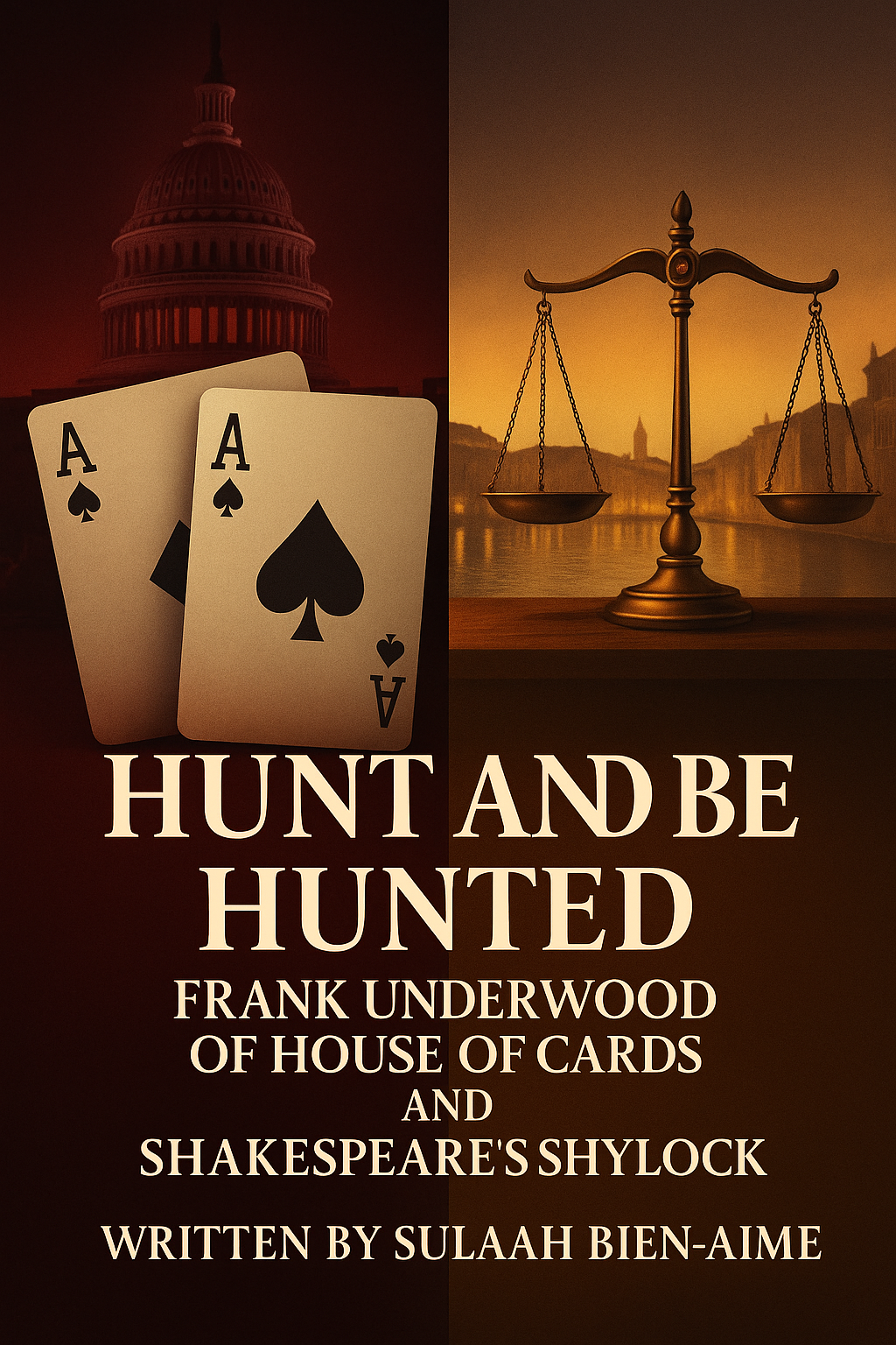Cinematic cover for ‘Hunt and Be Hunted’ by Sulaah Bien-Aime, showing cards and the scales of justice set against the U.S. Capitol and an old Venetian town, symbolizing power and moral conflict.