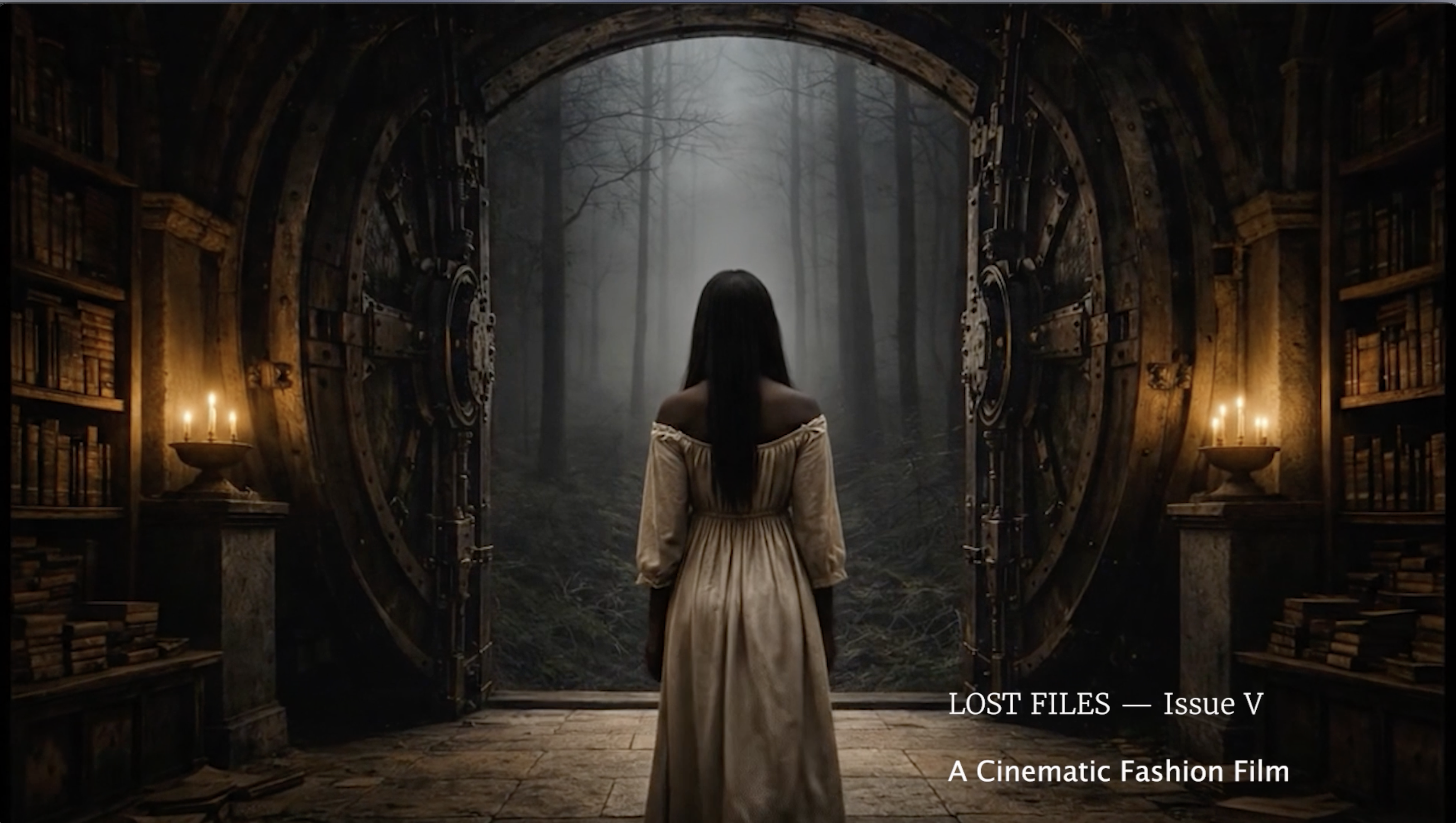 Cinematic still from SULAAH's LOST FILES — Issue V: Reclaiming What We Lost. A woman stands with her back turned in a misty forest, symbolizing memory, loss, and the quiet strength of reclamation. Fashioned for the socially free.